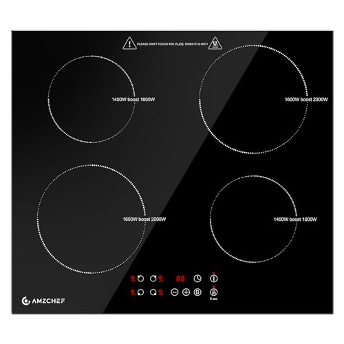 AMZCHEF Induktionskochfeld 60cm, 4 Platten Induktionskochfeld | Einbau Induktionskochplatte | Boost-Funktion | 9 Leistungsstufen | Sicherheitsschloss | Touch-Bedienung | Zeitschaltuhr | 7200W von AMZCHEF