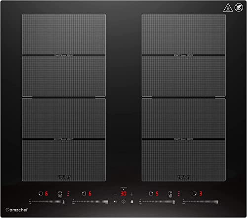 AMZCHEF Induktionskochfeld mit zwei Flexzonen, 4 Zonen Induktionskochfeld mit leisem Betrieb (42dB), 9 Leistungsstufen und Booster - BBQ Funktion, Pausenfunktion und Warmhalten, 7400W von AMZCHEF