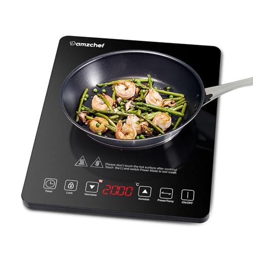 Induktionskochfeld mit 10 Temperaturstufen und 10 Leistungseinstellungen, 2000 Watt, 1 Platte, 3-Stunden-Timer, Sicherheitsschloss, Schwarz von AMZCHEF