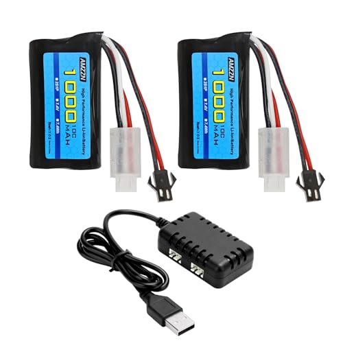 AMZZN 2 Stück 7.4V 1000mAh 2S Lithium-Ionen-Akku mit SM-2P-Stecker und 2-in-1 Ladegerät für WPL MN D90/91,99/99s D12 RC Auto; Fernsteuerungsboot H101 und Anstoy Gel-Kugelpistole AMZZN 2 Stück 7.4V 1000mAh 2S Lithium-Ionen-Akku mit SM-2P-Stecker und 2-in-1 Ladegerät für WPL MN D90/91,99/99s D12 RC Auto; Fernsteuerungsboot H101 und Anstoy Gel-Kugelpistole von AMZZN