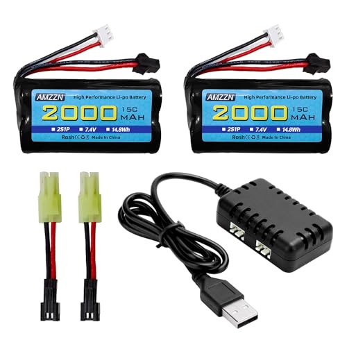 AMZZN 2 Stück 7,4V 2000mAh 15C 2S Lipo Akku SM-2P Plug mit 2-in-1-Ladegerät für H105 H103 H101 Fernbedienung Schiff, MN D99 D99s D90/91 RC Auto AMZZN 2 Stück 7,4V 2000mAh 15C 2S Lipo Akku SM-2P Plug mit 2-in-1-Ladegerät für H105 H103 H101 Fernbedienung Schiff, MN D99 D99s D90/91 RC Auto von AMZZN