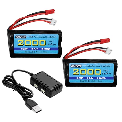 AMZZN 2 Stück 7,4V 2000mAh 15C Lipo Akku JST-2P Stecker mit Ladegerät 2-in-1 für UDIRC UD1601 UD1602 UD1604 SG1603 RC Fahrzeuge, RC-Schiff, RC-Drohne, Ersatzbatterie für Huina Fahrzeug AMZZN 2 Stück 7,4V 2000mAh 15C Lipo Akku JST-2P Stecker mit Ladegerät 2-in-1 für UDIRC UD1601 UD1602 UD1604 SG1603 RC Fahrzeuge, RC-Schiff, RC-Drohne, Ersatzbatterie für Huina Fahrzeug von AMZZN