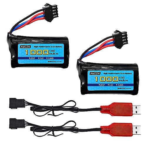 AMZZN 2 Stück 7,4V 2S 1000mAh Lipo Akku SM-4P Stecker mit USB-Ladegerät ist geeignet für M416 elektrische Spielzeugpistole Gel, RC Spielzeug Auto, Ersatzbatterie für Geländefahrzeuge von AMZZN