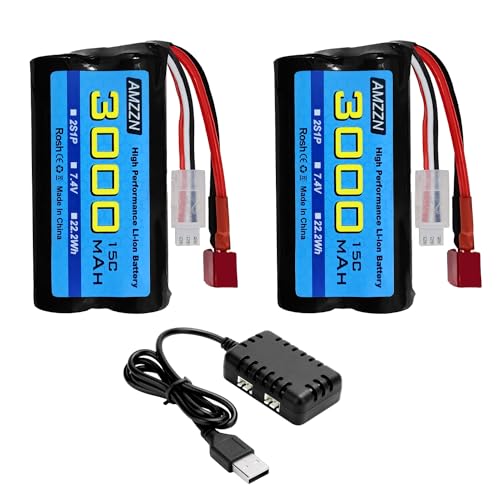 AMZZN 2 Stück 7.4V 3000mAh 15C 2S Lithium-Ionen-Akku in T-Form mit Ladegerät 2-in-1 für WLtoys 12423 MJX 14301 14303 14302 H16PL RC Auto, RC LKW im Maßstab 1/10, 1/12, 1/16 AMZZN 2 Stück 7.4V 3000mAh 15C 2S Lithium-Ionen-Akku in T-Form mit Ladegerät 2-in-1 für WLtoys 12423 MJX 14301 14303 14302 H16PL RC Auto, RC LKW im Maßstab 1/10, 1/12, 1/16 von AMZZN