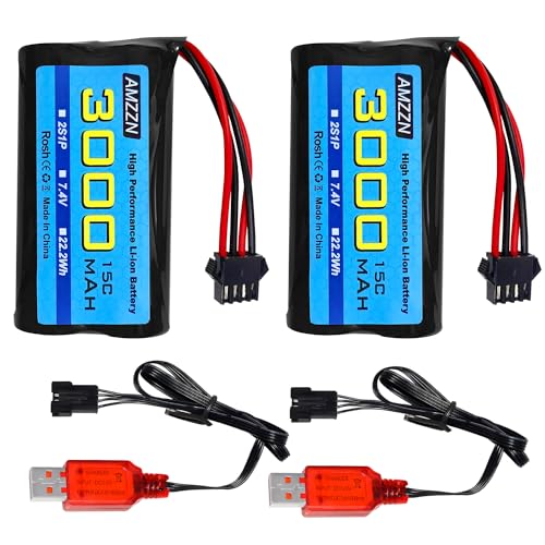 AMZZN 2 Stück 7,4V 3000mAh 15C 2S SM-4P Li-Ion Stecker Batterie mit USB-Ladegerät für EC08 DE85 RC Auto, LKW RC Schiff Fernbedienung Drohne Technik Fahrzeug Ersatzbatterie AMZZN 2 Stück 7,4V 3000mAh 15C 2S SM-4P Li-Ion Stecker Batterie mit USB-Ladegerät für EC08 DE85 RC Auto, LKW RC Schiff Fernbedienung Drohne Technik Fahrzeug Ersatzbatterie von AMZZN