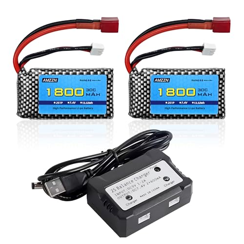 AMZZN 2 Stück 7,4V 2S 1800mAh 30C Lipo Akku T Stecker mit Ladegerät 2-in-1 geeignet für WLTYOS K929-B A959-B 12401 9200 9200E 300E YC200 HM123 1/10, 1/12, Verhältnis 1/16 RC Auto und Lastwagen AMZZN 2 Stück 7,4V 2S 1800mAh 30C Lipo Akku T Stecker mit Ladegerät 2-in-1 geeignet für WLTYOS K929-B A959-B 12401 9200 9200E 300E YC200 HM123 1/10, 1/12, Verhältnis 1/16 RC Auto und Lastwagen von AMZZN