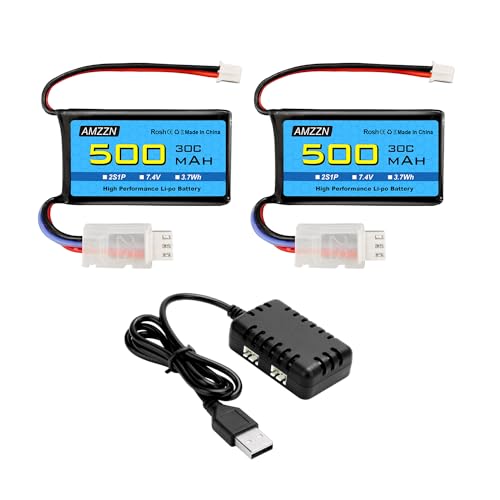 AMZZN 2 Stück 7,4V 500mAh 30C PH2.0 Lipo Stecker Akku mit Ladegerät 2-in-1 für AX24 SCX24 RC Auto, kompatibel mit den meisten RC LKWs Proportional 1/10, 1/16, 1/18 und 1/24 AMZZN 2 Stück 7,4V 500mAh 30C PH2.0 Lipo Stecker Akku mit Ladegerät 2-in-1 für AX24 SCX24 RC Auto, kompatibel mit den meisten RC LKWs Proportional 1/10, 1/16, 1/18 und 1/24 von AMZZN