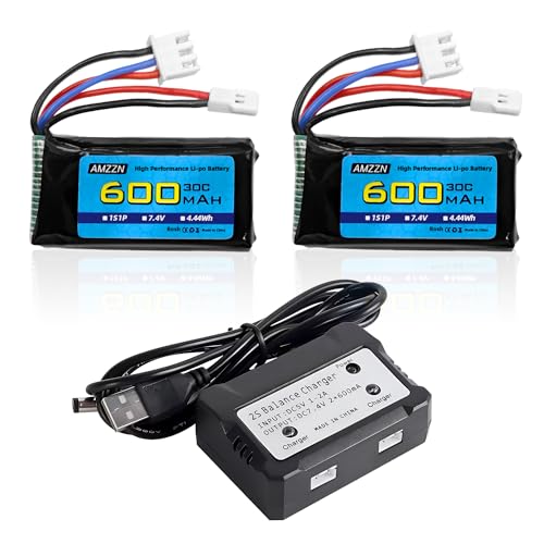 AMZZN 2 Stück 7,4V 600mAh 35C 2S Lipo Akku Molex Stecker mit Ladegerät 2-in-1 geeignet für FMS FCX24 RC Auto, LKW, elektrische Fernbedienung Climbing Vehicle FCX24 Batterie AMZZN 2 Stück 7,4V 600mAh 35C 2S Lipo Akku Molex Stecker mit Ladegerät 2-in-1 geeignet für FMS FCX24 RC Auto, LKW, elektrische Fernbedienung Climbing Vehicle FCX24 Batterie von AMZZN