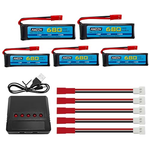AMZZN 5 Stück 3,7V 680mAh 1S Lipo Akku JST Stecker mit Ladegerät 5-in-1 geeignet für UDI U817 U818A V959 V222 V929 S032 Drohne, Fernsteuerung, Vier Achsen Flugzeug-Backup-Batterie AMZZN 5 Stück 3,7V 680mAh 1S Lipo Akku JST Stecker mit Ladegerät 5-in-1 geeignet für UDI U817 U818A V959 V222 V929 S032 Drohne, Fernsteuerung, Vier Achsen Flugzeug-Backup-Batterie von AMZZN