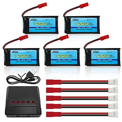 AMZZN 5 Stück 3,7V 1200mAh 30C JST Lipo Akku mit Ladegerät 5-in-1 für MJX T04 T05 T25 X900 X9TW V2400HD V2450FPV V2450GPS Fernbedienung Drohne AMZZN 5 Stück 3,7V 1200mAh 30C JST Lipo Akku mit Ladegerät 5-in-1 für MJX T04 T05 T25 X900 X9TW V2400HD V2450FPV V2450GPS Fernbedienung Drohne von AMZZN