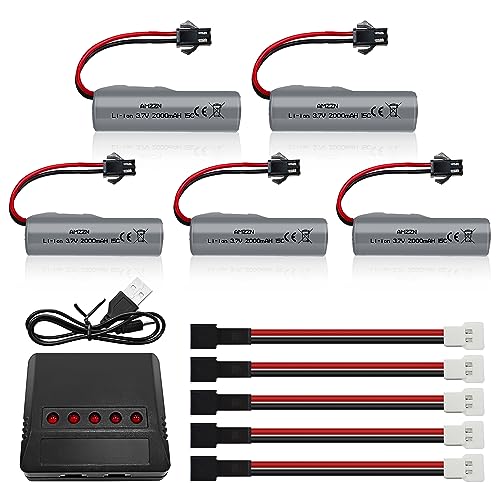 AMZZN 5 Stück 3,7V 2000mAh SM-2P Lipo Stecker Batterie mit Ladegerät 5-in-1 geeignet für DE44 DE45 DE68 RC Fahrzeuge, RC Drift, LKW, Off-Road-Fahrzeuge, Rennwagen Klettern von AMZZN