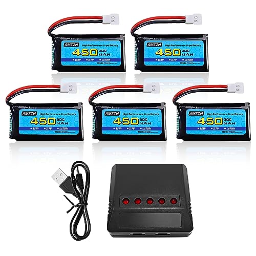 AMZZN 5 Stück 3,7V 450mAh 25C Molex Plug Lipo Akku mit Ladegerät 5-in-1, kompatibel mit den meisten ferngesteuerten Drohnen und WLtoys XK A100 A120 A150 Hubsan H107C H107D Quadcopter von AMZZN