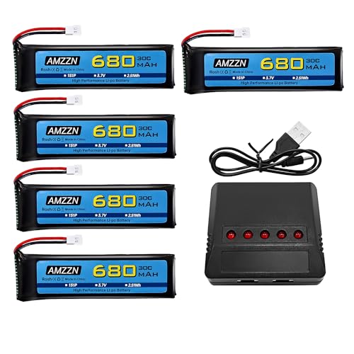 AMZZN 5 Stück 3,7V 680mAh 1S Lipo Akku Molex Stecker mit 5-in-1 Ladegerät für Wltoys XK K110 K110S V977 V988 V930 Q282 Fernbedienung Drohne, Vier Achsen Aircraft Backup Akku von AMZZN