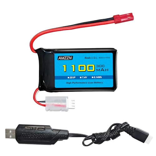 AMZZN 7.4V 1100mAh 30C JST-2P Stecker Lipo Batterie mit USB Ladekabel für Wltoys A949 A959 A969 A979 K929 RC Auto Kompatibel mit den meisten 1/10 1/16 1/18 1/24 RC Trucks und A320 A321 V353 RC Drohnen von AMZZN