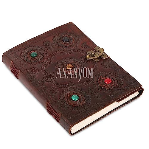 ANANYOM Handmade Leather Journal, Brown, 5 Stone Hand Embossed Design, Genuine Leather Notebook Diary, Journal for Men & Women, Office Journal Handmade Unruled 200 Pages, Size 10 (L) x 7 (W) inches von ANANYOM