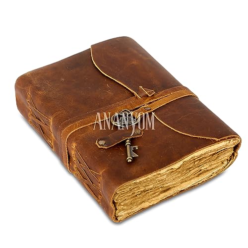 ANANYOM Handmade Leather Journal, Brown, Key Leather Strap,Genuine Leather Notebook Diary Sketchbook,Strap Bound Journal for Men & Women, Journal Deckle Edge Unruled 200 Pages,Size 8 (L) x 6 (W)inches von ANANYOM