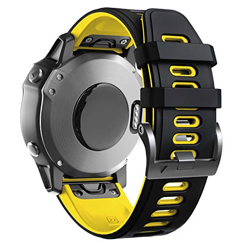 ANBEST Armband für Garmin Fenix 6/7/EPIX 2/Fenix 7 Pro/6 Pro Armband, 22mm Quick Fit Armbänder für Fenix 5/EPIX Pro 47mm/Descent G1/Forerunner 955/945/935/965 Silikon Ersatzarmband, Schwarz/Gelb von ANBEST