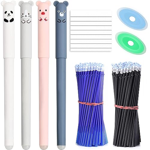 107 Pcs Radierbarer Kugelschreiber Set, Kawaii Cartoon Stift Radierbar, 0,5 mm, 4 Gelschreiber Llöschbar mit 100 Nachfüllungen, 2 Radiergummi und 1 Haftnotiz für Kinder Studenten Schule Büro von ANBOO