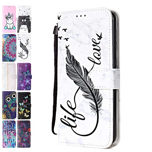 ANCASE Handyhülle für Xiaomi Redmi Note 9S / Note 9 Pro Hülle Marmor Feder Muster Lederhülle Flip Case Cover Schutzhülle mit Kartenfach Ledertasche für Mädchen Damen von ANCASE