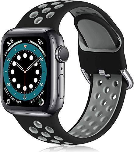 ANCEER Kompatibel mit Apple Watch 5 6 Armband 42mm 40mm 38mm 44mm, Weiche Silikon Sport Ersatz Armbänder für IWatch Series6 SE 5 4 3 2 1 Schwarz/Grau von ANCEER