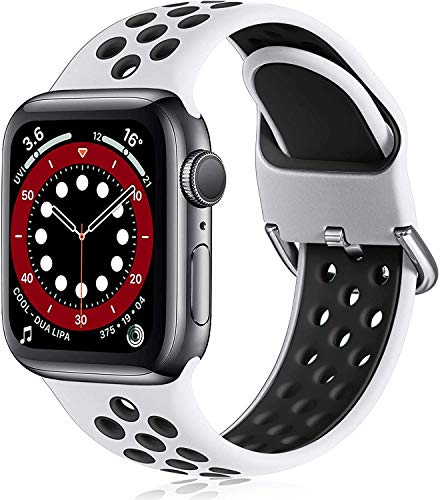 ANCEER Kompatibel mit Apple Watch 5 6 Armband 42mm 40mm 38mm 44mm, Weiche Silikon Sport Ersatz Armbänder für IWatch Series6 SE 5 4 3 2 1 Weiß/schwarz von ANCEER