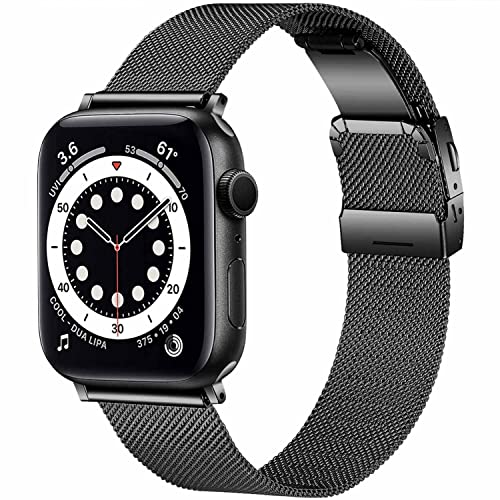 ANCEER Kompatibel mit Apple Watch 7 Armband 45mm 44mm 42mm mit doppelter Faltschließe, Metal Mesh Edelstahl Armband Damen Herren für iWatch Series SE 7/6/5/4/3/2/1(Schwarz 45mm) von ANCEER