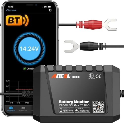 ANCEL BM300 Bluetooth Batterie Monitor, 12V KFZ Batteriewächter mit Charging & Cranking Test & Alarm-Funktion, Wlan Batteriemonitore, Auto Batterietester für Auto LKW ATV SUV Stiefel von ANCEL