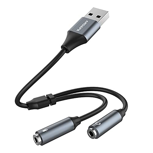 ANDAPA USB-Headset-Adapter, Stereo, externe Soundkarte mit 3,5-mm-Kopfhörer- und Mikrofonanschluss für Windows, Mac, Linux, PC, Laptops, Desktops, PS5 von ANDAPA