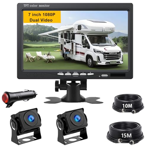 Dual-Rückfahrkamera HD 1080P mit 7" LCD Kfz-Monitor & Zuverlässige Kabel- Rückfahrkameras, IP68 wasserdicht, Nachtsicht, für LKW/Anhänger/Bus/Van/Landwirtschaft(12-24 Volt) von ANDUBEST