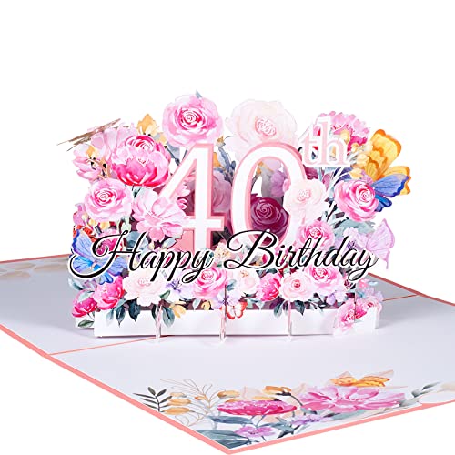 3D Geburtstagskarte zum 40.Geburtstag,Pop Up Karte zur Volljährigkeit Geburtstagsparty,Blumen Rosa,Happy Birthday Grußkarten,Jubiläumskarte Klappkarte,mit Nachrichtenkarte und Umschlag von ANEWISH