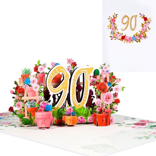 Pop-Up Karte 90. Geburtstag,3D Blumen 90 Jahre Geburtstagskarte für Mütter,Großmütter und Frauen,Romantische Jahrestagskarte von ANEWISH