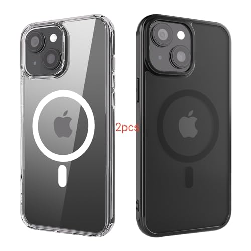 ANEWSIR für iPhone 15 Hülle 2 Stück (Klar+Matt Schwarz), Kompatibel mit Magsafe, Stoßfest Kratzfest Magnetisch Handyhülle für iPhone 15 Case 6,1 Zol. von ANEWSIR