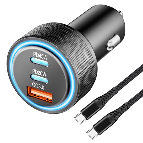 USB C Autoladegerät, 3-Port 65W Dual USB-C Auto Netzteiladapter PD/QC3.0 Schnellladen Zigarettenanzünder USB Ladegerät für iPhone 15/14/13 Pro Max, Samsung Galaxy S24/S23/S22 (Schwarz & Kabel) von ANEXTIDE