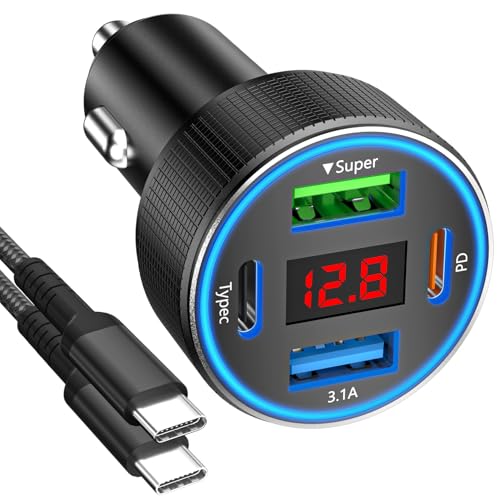 Zigarettenanzünder USB C, USB Zigarettenanzünder Adapter 12v USB Adapter Auto kfz Ladegerät Schnellladegerät für iPhone Samsung Telefon Tablets (Schwarz & Kabel) von ANEXTIDE