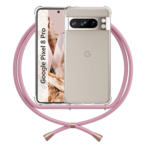 ANFAIRLACE Handykette Hülle Kompatibel mit Google Pixel 8 Pro, Handyhülle mit Gehärtetes Glas Anti-Gelb TPU Band Transparent Silikon Schutzhülle Klar Case, Rose von ANFAIRLACE