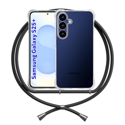 ANFAIRLACE Handykette Hülle Kompatibel mit Samsung Galaxy S25 Plus, Handyhülle mit Band Anti-Gelb TPU Transparent Silikon Schutzhülle Klar Case, Schwarz von ANFAIRLACE