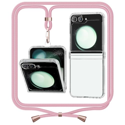 ANFAIRLACE Handykette Hülle Kompatibel mit Samsung Galaxy Z Flip 6, Scharnier Schutzhülle mit Band PC Klar Transparent Handyhülle, Rose von ANFAIRLACE