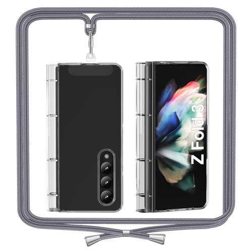 ANFAIRLACE Handykette Hülle Kompatibel mit Samsung Galaxy Z Fold 3 5G, Scharnier VerdecktGekettet Handyhülle mit Band Antigelb PC Transparent Schutzhülle Clear Case, Grau von ANFAIRLACE