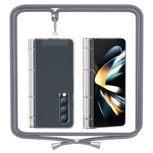 ANFAIRLACE Handykette Hülle Kompatibel mit Samsung Galaxy Z Fold 4, Scharnier Handyhülle mit Band Anti Yellow Transparent PC Schutzhülle Clear Case, Grau von ANFAIRLACE