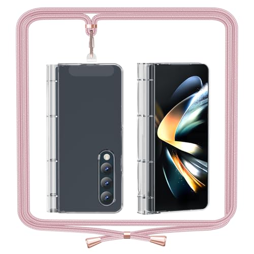 ANFAIRLACE Handykette Hülle Kompatibel mit Samsung Galaxy Z Fold 4, Scharnier Handyhülle mit Band Anti Yellow Transparent PC Schutzhülle Clear Case, Rose von ANFAIRLACE