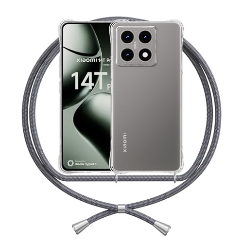 ANFAIRLACE Handykette Hülle Kompatibel mit Xiaomi 14T Pro, Handyhülle mit Band Anti-Gelb TPU Transparent Silikon Schutzhülle Klar Case, Grau von ANFAIRLACE
