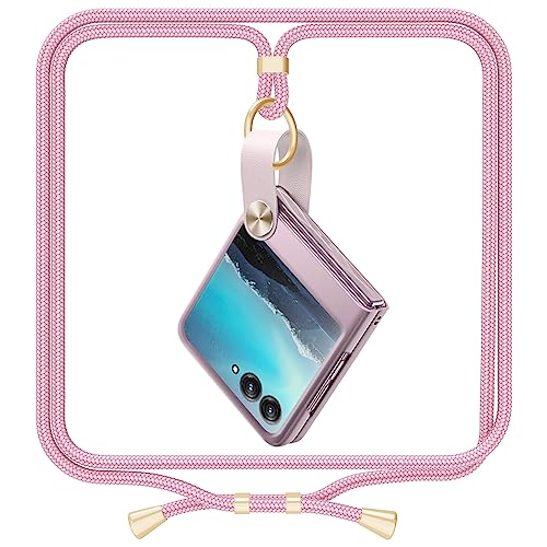 ANFAIRLACE Hülle Kompatibel mit Motorola Razr 40 Ultra, Handykette Handyhülle Veganes Leder PC Rahmen Schutzhülle mit Band Case, Rosa von ANFAIRLACE