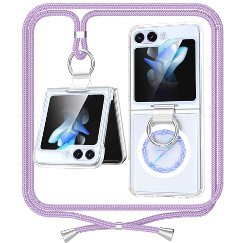 ANFAIRLACE Hülle Kompatibel mit Samsung Galaxy Z Flip 5, Magnetisch Handyhülle Handykette Band Metall Zubehör Transparent PC Ring Schutzhülle, Lila von ANFAIRLACE