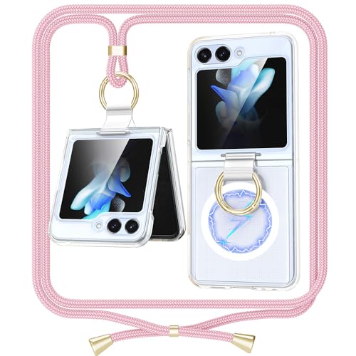 ANFAIRLACE Hülle Kompatibel mit Samsung Galaxy Z Flip 5, Klar Magnetisch Handyhülle mit Handykette Band und Metall Zubehör, Anti-Gelb Transparent PC Ring Schutzhülle, Rose von ANFAIRLACE