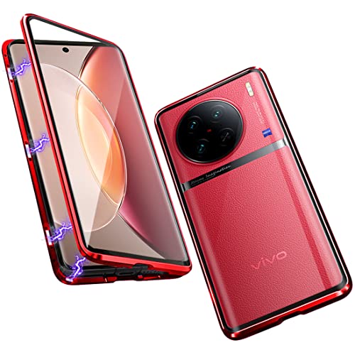 ANFAIRLACE Hülle Kompatibel mit Vivo X90 Pro, Magnetische Adsorption 360 Grad Handyhülle Gehärtetes Glas Aluminium Rahmen Magnet Transparent Case, Rot von ANFAIRLACE