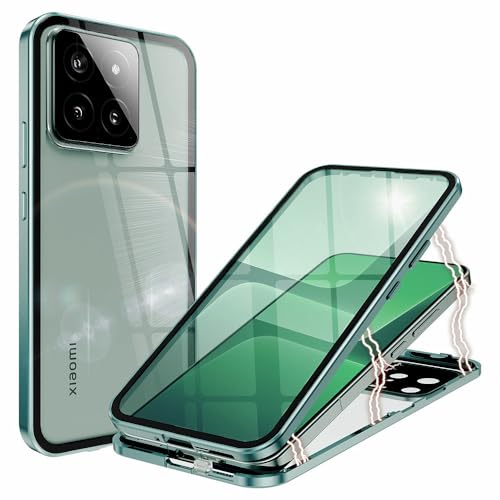 ANFAIRLACE Hülle Kompatibel mit Xiaomi 14, Magnetische Adsorption 360 Grad Handyhülle Gehärtetes Glas Aluminium Rahmen Magnet Transparent Case, Grün von ANFAIRLACE