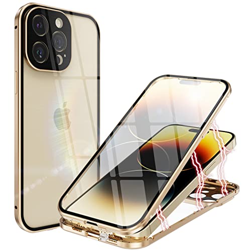ANFAIRLACE Hülle Kompatibel mit iPhone 14 Pro, Magnetische Adsorption 360 Grad Handyhülle Gehärtetes Glas Aluminium Rahmen Magnet Transparent Case, Gold von ANFAIRLACE