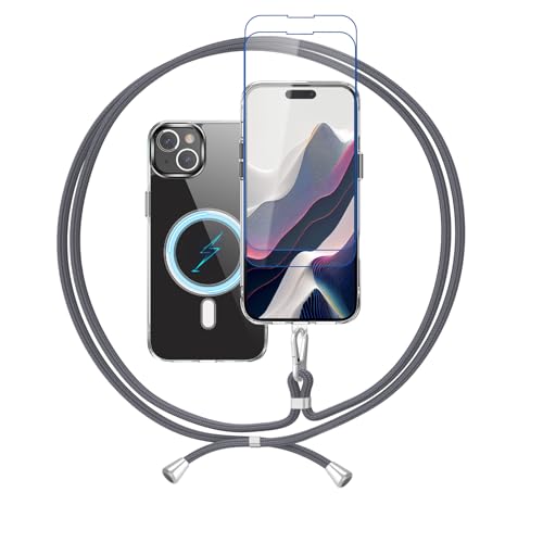 ANFAIRLACE Hülle Kompatibel mit iPhone 15, Klar Magnetisch Handyhülle mit Handykette und Gehärtetes Glas,Anti-Gelb PC Silikon Schutzhülle mit Band, Grau von ANFAIRLACE