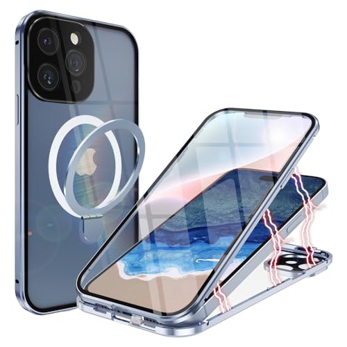 ANFAIRLACE Hülle Kompatibel mit iPhone 15 Pro Max, Dual Magnetische Handyhülle mit Verdecktem Ständer, Aluminium Stoßstange Magnet Transparent 360 Schutzhülle, Blau von ANFAIRLACE