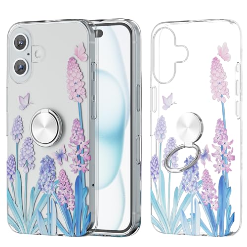 ANFAIRLACE Hülle Kompatibel mit iPhone 16, Ring Halter Schutzhülle Blume Pflanzen Schmetterling Kunstmuster Klar Handyhülle, Lavendel von ANFAIRLACE